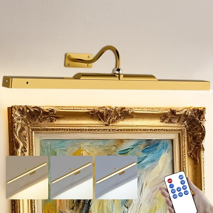24 Inch Picture Light for Wall - Brass Battery Operated Wireless Wall Sconce with Remote & Timer for Artwork, Portrait, Photo & Frame