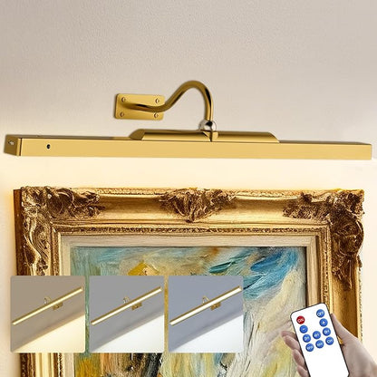 24 Inch Picture Light for Wall - Brass Battery Operated Wireless Wall Sconce with Remote & Timer for Artwork, Portrait, Photo & Frame