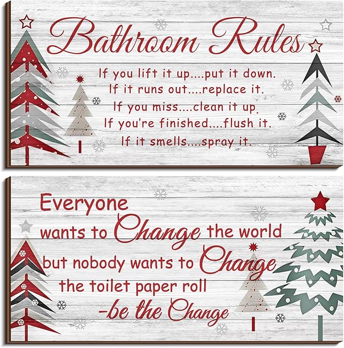 Jetec 2 Pieces Funny Bathroom Signs Bathroom Wall Decor Toilet Wall Accessories Farmhouse Toilet Rustic Wooden Signs, 12x6 Inch(Christmas Style)