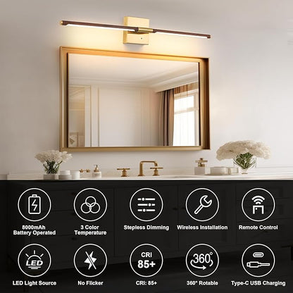 30″ Walnut Battery Operated Wall Sconces with Remote Control, Rechargeable Wall Sconces Set of 2, LED Sconces Wall Lighting, Wireless Wall Lights for Bedroom, Living Room, Background Wall