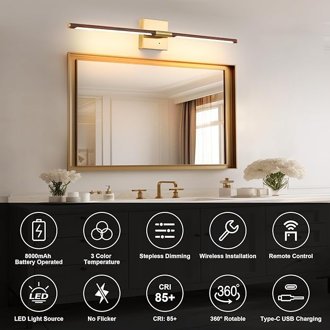 Walnut Battery Operated Wall Sconce with Remote Control, Rechargeable Wall Sconces Set of 2, LED Wireless Wall Light, 24″ Modern Sconce Wall Decor for Background Wall, Bedroom, Living Room