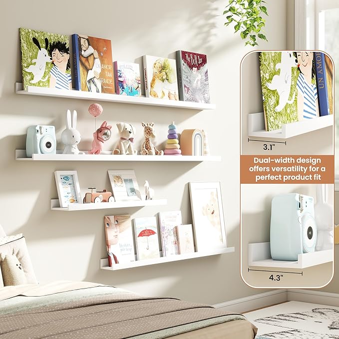 Fun Memories Picture Ledge Shelves Set of 4, 32 Inch Rustic Wall Mounted Floating Shelves with Lip for Home Storage and Décor in Bathroom, Kitchen, Nursery, Bedroom, Living Room, White