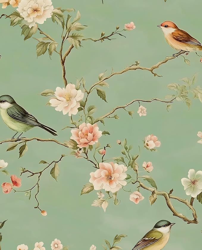 Green Floral Wallpaper Peel and Stick Bird Wallpaper Pink Flower Contact Paper 17.5