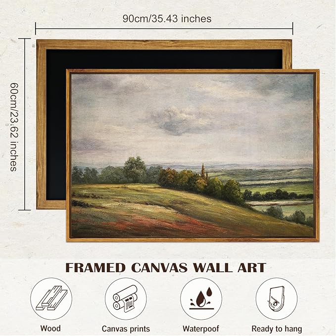 SHENIFY Landscape Framed Canvas Wall Art 24x36in Large Vintage Classical Rural Hill Prints Hallway Bathroom Office Decor - Natural Framed
