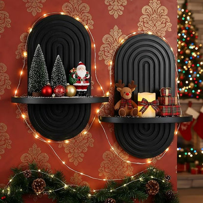 Set of 2 Boho Arched Floating Shelves 15.7”x 7.8”3D Wooden Hanging Shelf for Living Room Bedroom Nursery Mid Century Modern Wall Decor(Black, 11.7 * 15.7)