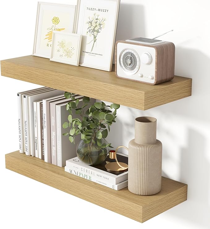 Heimlove 24 Inch Floating Shelves for Wall Oak Shelves Set of 2,Wall Mounted Rustic Wood 8 Inch Deep Floating Shelf with Invisible Brackets for Bedroom Kitchen Living Room