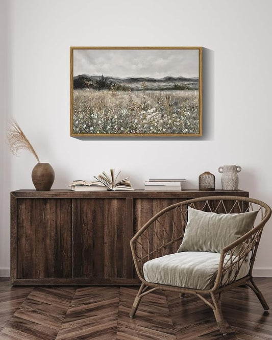 SHENIFY 16x24in Large Vintage Landscape Framed Canvas Wall Art Prairie in Full Bloom Classic Painting Modern Farmhouse Bathroom Office Decor - Natural Framed