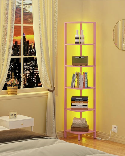 TUTOTAK Corner Shelf with LED Light, 6-Tier Corner Bookshelf for Small Space, Narrow Display Corner Shelf Stand with Storage Rack, for Living Room, Bedroom, Pink BS08BP006L