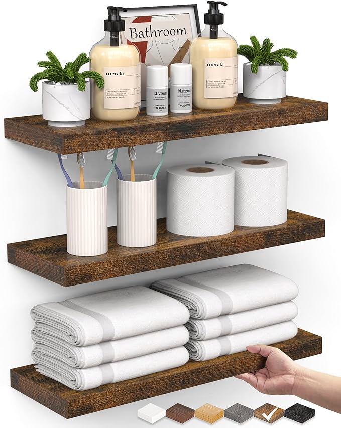 BAYKA Floating Shelves Bathroom for Wall – Shelf Over Toilet Farmhouse Rustic Wood for Bedroom, Kitchen, or Living Room Decor Organization, Christmas Decor Shelves – Rustic Brown, Set of 3