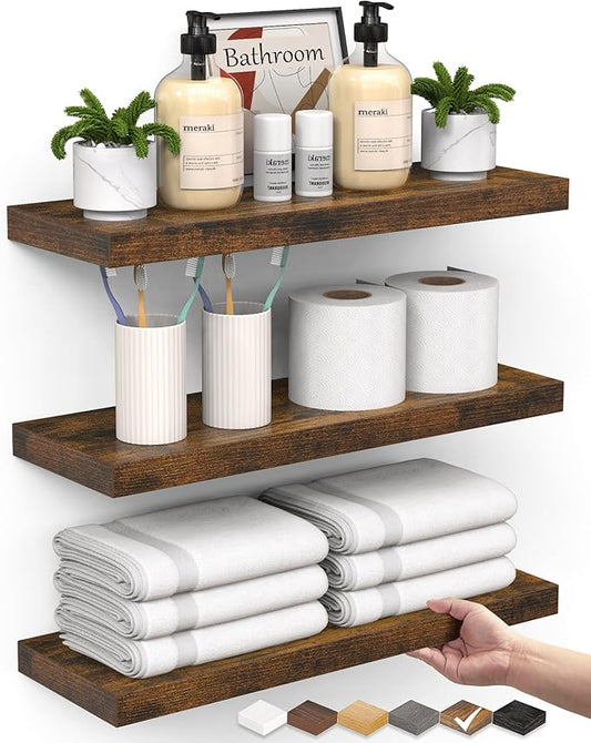 BAYKA Floating Shelves Bathroom for Wall – Shelf Over Toilet Farmhouse Rustic Wood for Bedroom, Kitchen, or Living Room Decor Organization, Christmas Decor Shelves – Rustic Brown, Set of 3