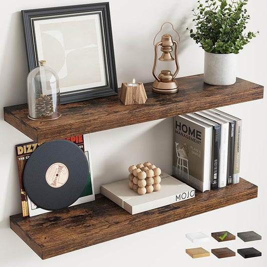 32 Inch Floating Shelves for Wall Set of 2, 8"D Wood Grain Bathroom Shelves with Invisible Brackets, Easy Install Engineered Wood Storage Shelves for Kitchen, Living Room, Bedroom, Rustic Brown Finish