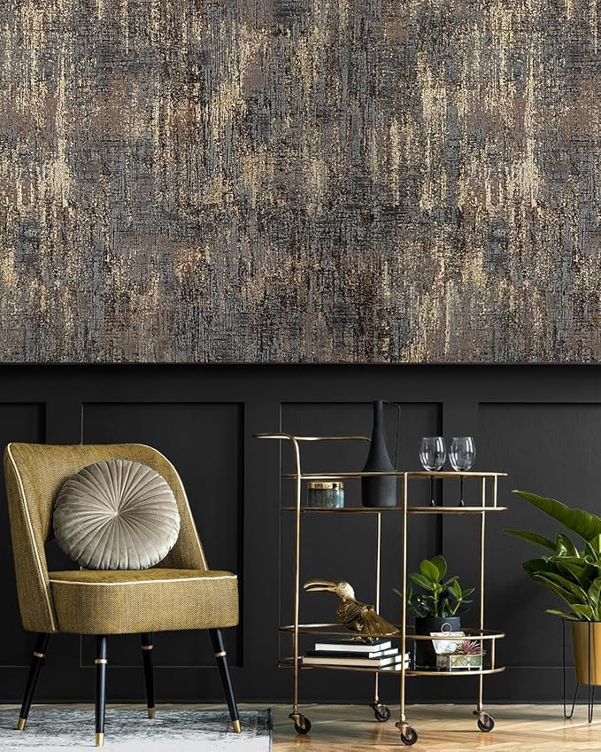 Black Gold Textured Wallpaper Distressed Industrial Metallic Peel and Stick Wallpaper 17.7in x 19.68ft Self Adhesive Contact Paper