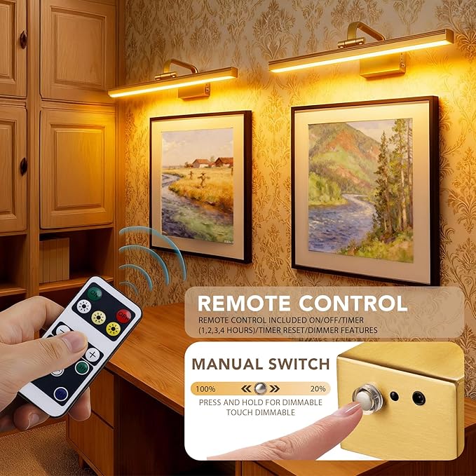 Picture Light,Picture Lights for Wall Cordless,Picture Lights with Timer and Dimmable,Battery Wall Lights for Display Gallery Painting Art Frame Portrait-L Brass