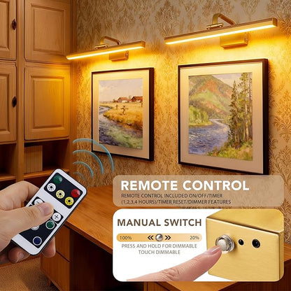 Picture Light,Picture Lights for Wall Cordless,Picture Lights with Timer and Dimmable,Battery Wall Lights for Display Gallery Painting Art Frame Portrait-L Brass