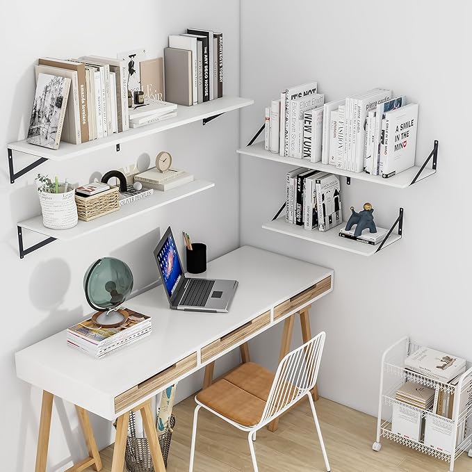 Heimlove White Deep Floating Shelves for Wall, 24W x 12D Wood Wall Shelves Set of 2, Wide Floating Bookshelf for Living Room, Kitchen, Office, Bedroom and Decor Storage, with Black Bracket - White