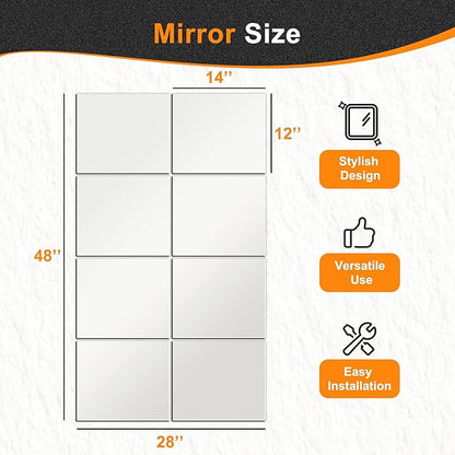 Delma Frameless Mirror Tiles 14"x12"x8 Pcs Wall Mounted, Shatter Resistant Full Length Tempered Glass Panels for Home Gym Bathroom Bedroom & Living Room Decor