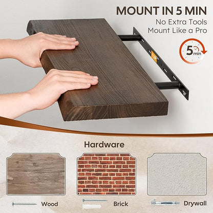 Floating Shelves Set of 2, Solid Elm Wood Wall Shelves 32 Inch - Invisible Bracket Mount for Living Room, Bedroom, Kitchen, Bathroom - Natural