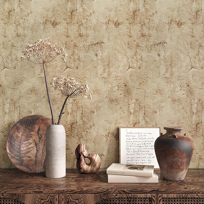 VEELIKE Wide Size 32''x354'' Aged Tan Concrete Wallpaper Peel and Stick Textured Wallpaper Concrete Contact Paper for Countertops Walls Removable Self Adhesive Lime Wash Wallpaper for Bathroom Bedroom
