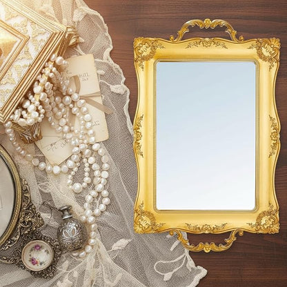 4 Pcs Vintage Gold Mirrors Set Including Small Oval Wall Mirror Antique Shield Shape Square Decorative Mirror Dresser Mirrored Tray for Bedroom Wedding Victorian Decor (Classic,Gold)