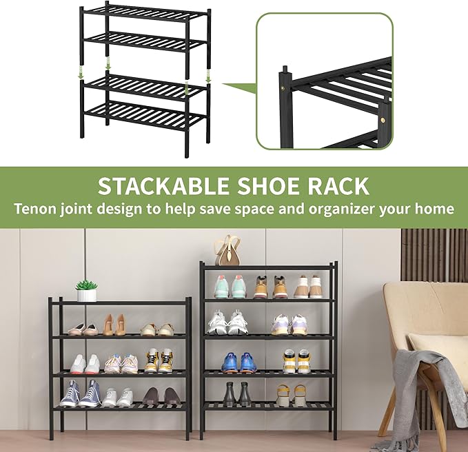 4 Tier Bamboo Shoe Rack for Closet Free Standing Wood Shoe Shelf for Entryway Small Space Stackable 27