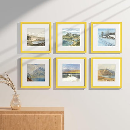 Vittanly 12x12 Picture Frames Set of 9, Shatter Resistant Plexiglass, Display 8x8 Pictures with Mat or 12x12 without Mat, Photo Frames for Wall Mount, Engineered Wood, Yellow