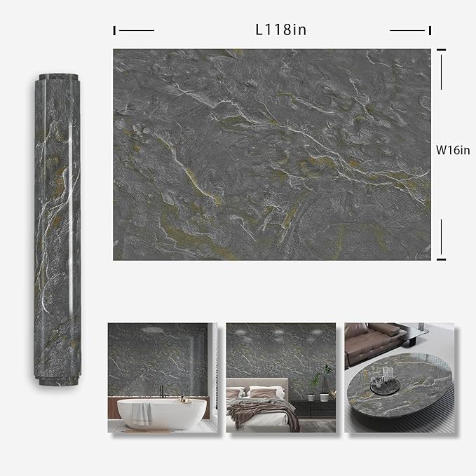 Gray Marble Contact Paper Kitchen Counter Top Wrap Peel and Stick Waterproof Wallpaper Removable Self-Adhesive Glossy Vinyl Roll Wall Paper for Bathroom Sink Table Locker 16x118 inch