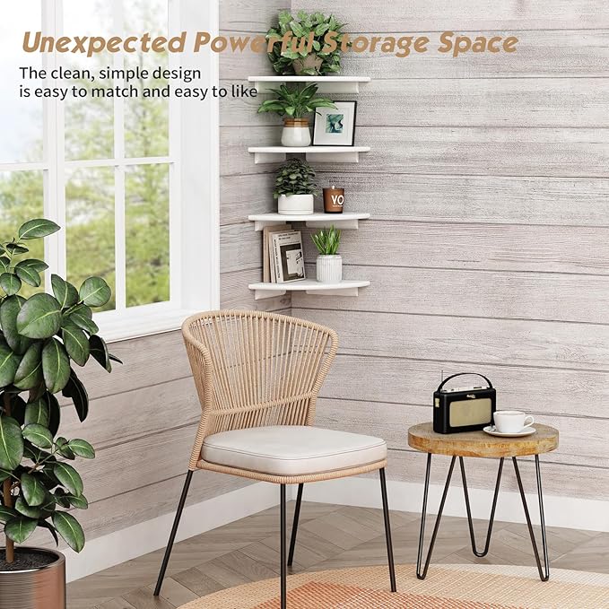 Forbena Corner White Floating Book Shelves for Wall Set of 4, Wood Nursery Corner Bookshelf for Kids Bedroom, Large Modern Round Wall Bookshelves for Living Room Decor, Indoor Plants, Bathroom