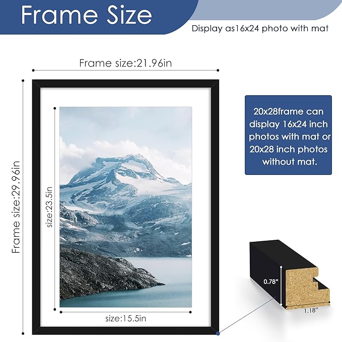 PEALSN 20x28 Picture Frame Set of 6, Display Pictures 16 x 24 with Mat or 20 x 28 without Mat for Wall Mounting or Table Top Display, Poster Frames Collage for Wall Decor, Black.