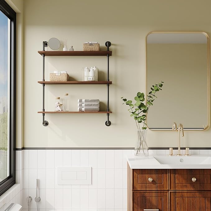 3-Tier Industrial Pipe Floating Shelf – Rustic 36 inch Wood Wall-Mounted Storage Shelf for Kitchen Office,Bathroom & Home Decor -Walnut