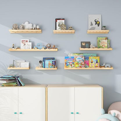 Fun Memories Picture Ledge Shelf for Wall, 16 inch Pine Wood Nursery Book Shelves Set of 4- Wall Book Shelves for Kids Room, Home Decor - Kitchen Spice-Natural