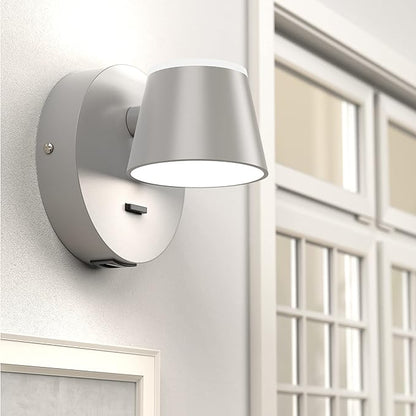 URSOLA Wall Light Set of Two, LED Wall Sconce with On/Off Switch USB Charging Port 110 Volt Hardwired Wall Lamp 350 Rotatable Up Down Sconces Wall Lighting (Grey)