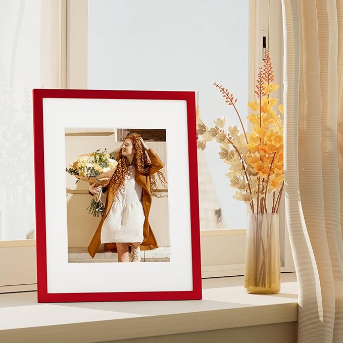 Vittanly 11x14 Picture Frame Set of 4, Display Pictures 8x10 with Mat or 11x14 without Mat, Gallery Wall Frame Set for Wall or Tabletop Display, Engineered Wood with Shatter Resistant Plexiglass, Red