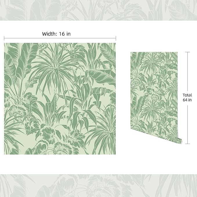 FLFK Tropical Leaf Peel and Stick Wallpaper 16" x 64" Green Wallpaper Modern Botanical Contact Paper Vinyl Self Adhesive Wall Paper for Bedroom Shlef Cabinet Décor