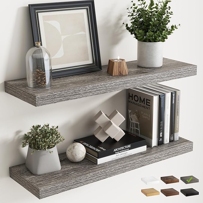 30 Inch Floating Shelves for Wall Set of 2, 8"D Wood Grain Bathroom Shelves with Invisible Brackets, Easy Install Engineered Wood Storage Shelves for Kitchen, Living Room, Bedroom, Grey Oak Finish
