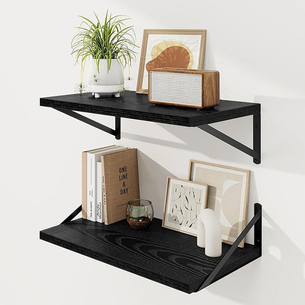 Floating Shelves, 12 Inch Deep Rustic Wood Wall Storage, 24W x 12D Wall Shelves Set of 2, Heavy Duty Metal Brackets, Large Industrial Book Shelf for Living Room, Kitchen, Bedroom, Black
