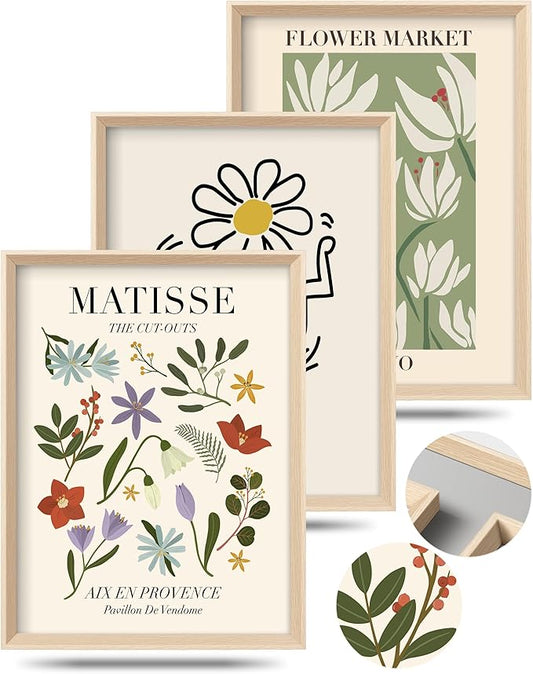 Framed Matisse Canvas Wall Art for Bedroom,Abstract Matisse Canvas Wall Decor,Minimalist Classic Decor Aesthetic,16x12IN Wood High Framed Design Posters for Living Room,Bathroom Set of 3