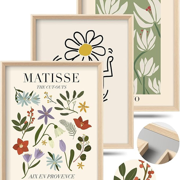 Framed Matisse Canvas Wall Art for Bedroom,Abstract Matisse Canvas Wall Decor,Minimalist Classic Decor Aesthetic,16x12IN Wood High Framed Design Posters for Living Room,Bathroom Set of 3
