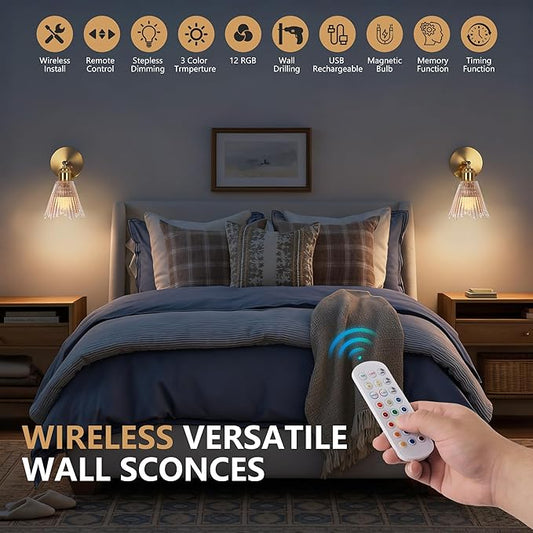 Vintage Battery Operated Wall Sconce with Amber Crystal Grid Glass Lampshade Rechargeable Battery Powered Wall Light with Remote Control for Bedside Bedroom Bathroom, Set of 1