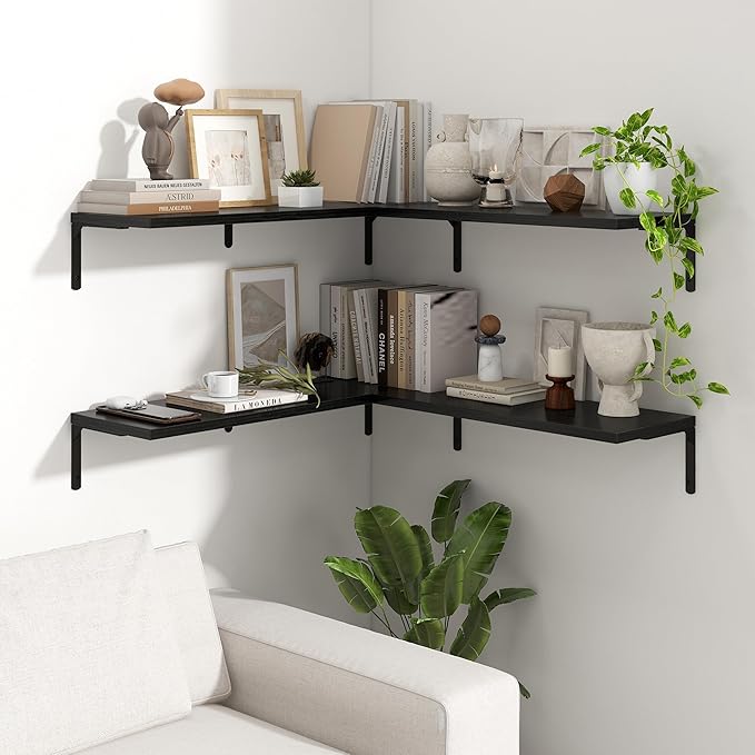 Fun Memories Deep Floating Shelves, 32W x 8D Floating Shelves Set of 2, Wall Mounted Shelf with Metal Brackets, Rustic Wood Wall Shelf for Bathroom, Kitchen and Living Room, Black