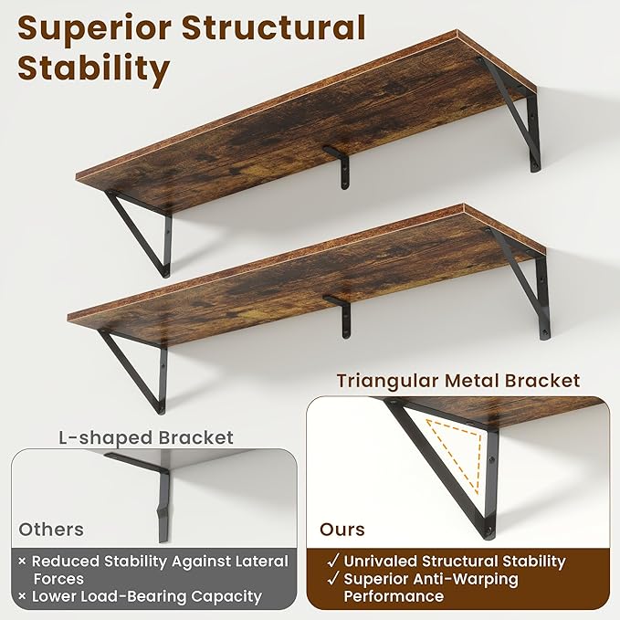 Deep Floating Shelves for Wall,36Wx8D Wall Mounted Shelves Set of 2,Wall Storage Floating Shelf with Sturdy Metal Brackets for Living Room,Bathroom,Kitchen,Office,Rustic Brown
