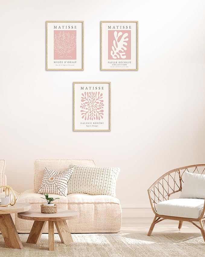 HesenDot Unframed Pink Wall Art Set of 3,12x16in Matisse Canvas Prints,Abstract Botanical Wall Decor Posters,Minimalist Modern Home Decoration for Living Room Bedroom Office