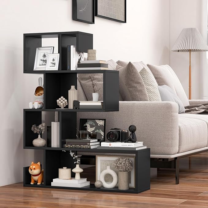 Giantex 5-Tier S-Shaped Bookshelf, Geometric Bookcase w/Open Cubes, Modern Decorative Display Shelf w/Anti-Toppling Kits, Freestanding Storage Rack for Living Room, Study, Home, Office, Black