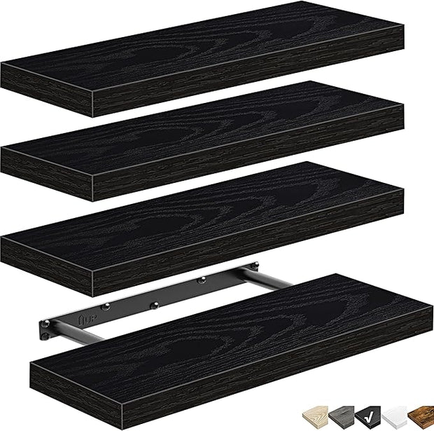 QEEIG Floating Shelves for Wall Bathroom Shelf Bedroom Kitchen Living Room Farmhouse Small Book Shelf 16 inch Set of 4, Black (015-B4)