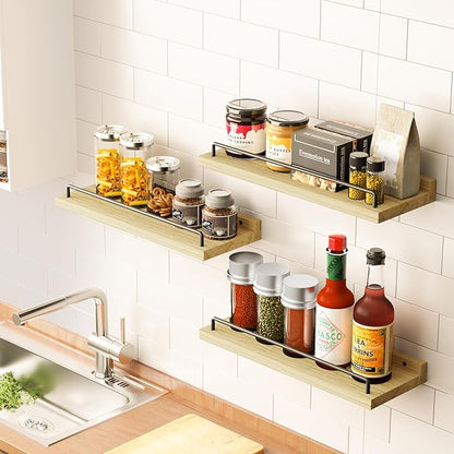 Floating Shelves for Wall Decor, Light Brown Wood Shelves for Bathroom, Living Room, Bedroom, Picture Frames, Plants, Kitchen (Set of 3)