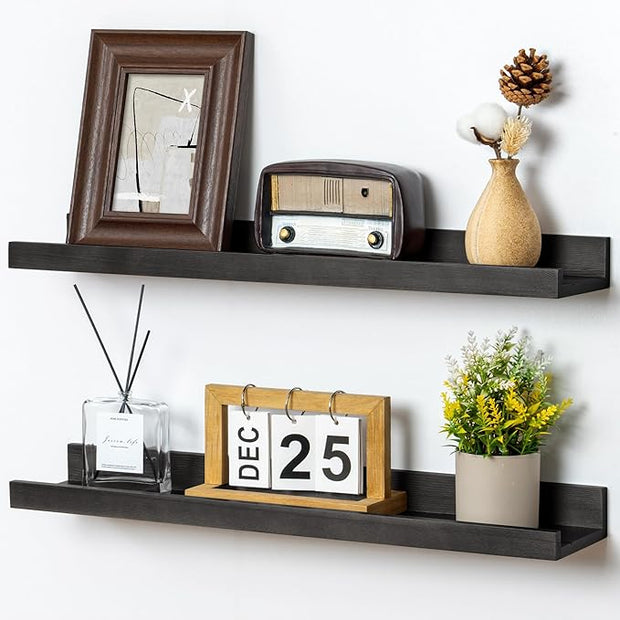 Picture Ledge Shelf for Wall, 24 inch Solid Ash Wood Nursery Book Shelves 2 Packs, Floating Shelves for Kids' Room Bedroom Bathroom Living Room Photo Frames Office Nursey Wall Decor, Black