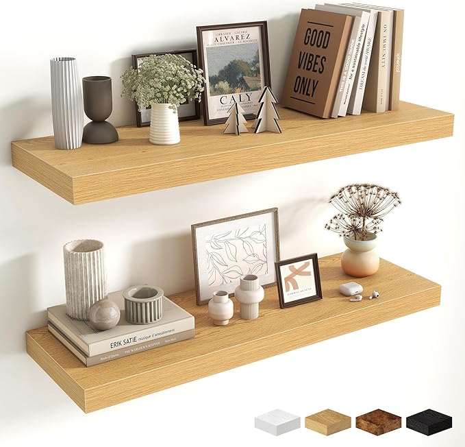 Fun Memories 32 x 10 Floating Shelves Wall-Mounted - Rustic Wood Shelf - 10 Inch Deep Floating Shelves for Wall - Large Storage Shelf for Bathroom - Kitchen & Bedroom - Oak - Set of 2