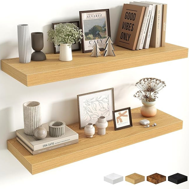 Fun Memories 32 x 10 Floating Shelves Wall-Mounted - Rustic Wood Shelf - 10 Inch Deep Floating Shelves for Wall - Large Storage Shelf for Bathroom - Kitchen & Bedroom - Oak - Set of 2