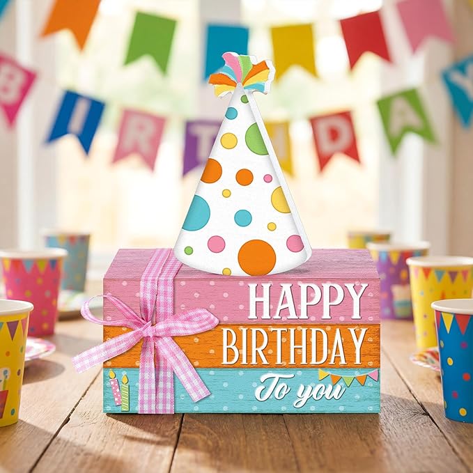 Geelin 4 Pcs Birthday Wooden Book Stack Decor, Rustic Happy Birthday Table Centerpieces with Party Hat Wooden Sign, Colorful Tiered Tray Decorations for Home, Office, and Party Table Decor