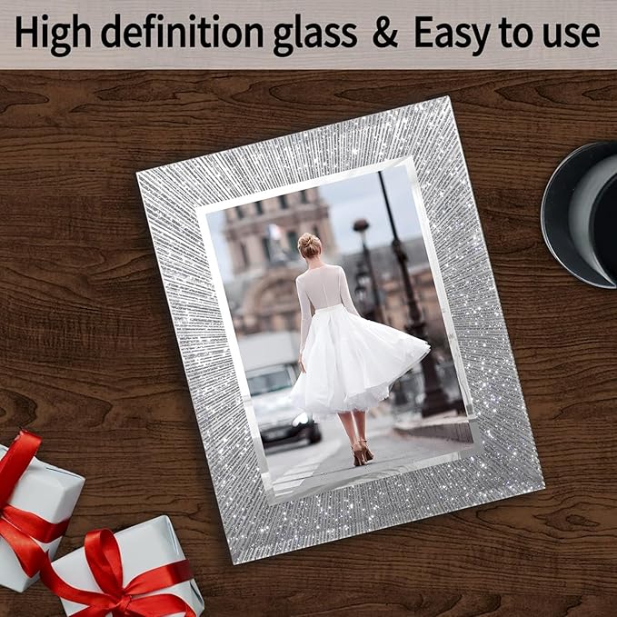 4x6 Picture Frame Set of 2 - Crystal Glass Picture Frame, 4 by 6 Glitter Silver Wedding Photo Frames for Tabletop and Wall Display Vertically of Horizontally