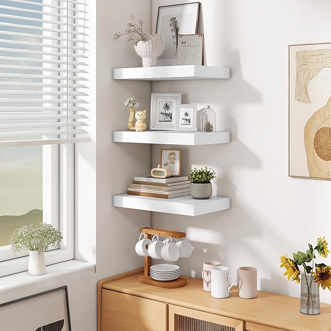 Fun Memories Wood Floating Shelves 16 Inch, 10 Inch Deep Shelves Wall Mount, Wall Shelves with Invisible Bracket, 16